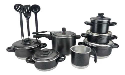 Jogo De Panelas + Panela De Pressão 4.5l + Espátulas Preto