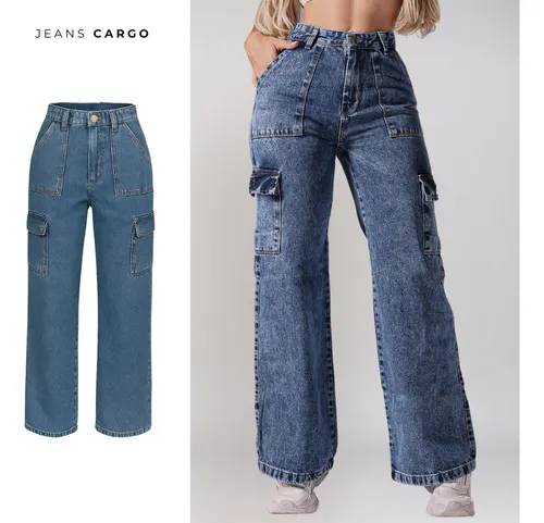 Calça Cargo Bolso Lateral Pantalona Cintura Alta Jeans 100%