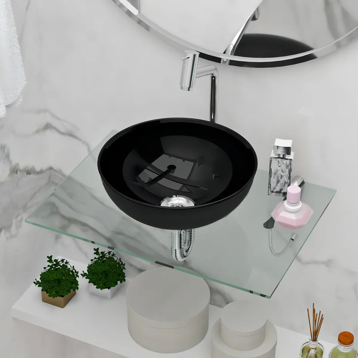 Lavatório Vidro Suspenso 50×35 Com Cuba De Apoio