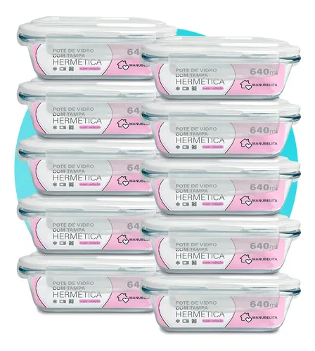 Kit 10 Potes Vidro 640ml Hermético Marmita Forno Refratário