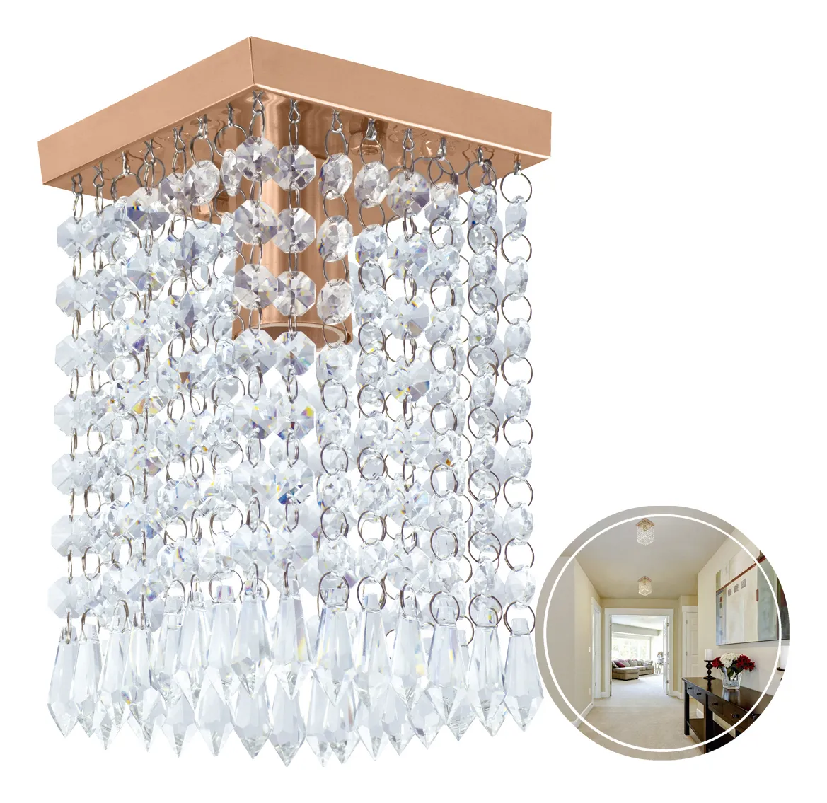 Lustre Clearcrilic Aurora De Cristal Acrilico Quadrado Cobre