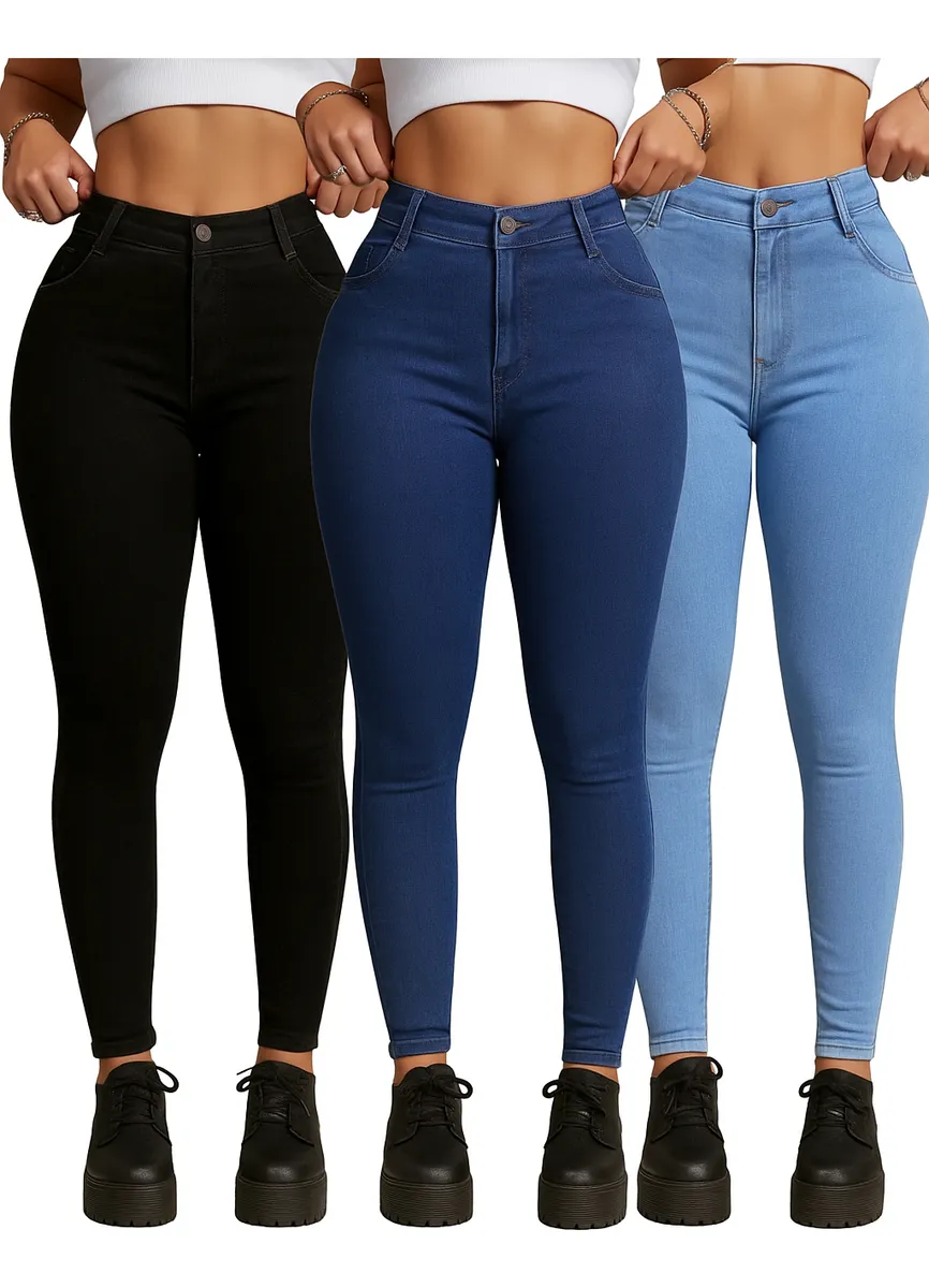 Kit 3 Calça Jeans Feminina Siknny Cintura Alta