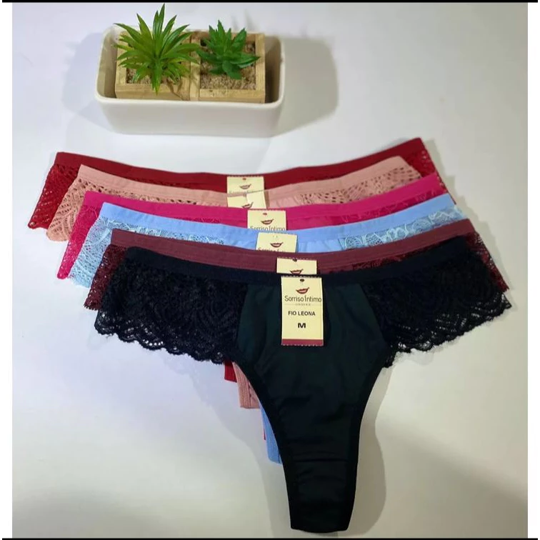 KIT C/5 CALCINHAS LEONA FIO DENTAL E RENDA NA LATERAL DIA A DIA