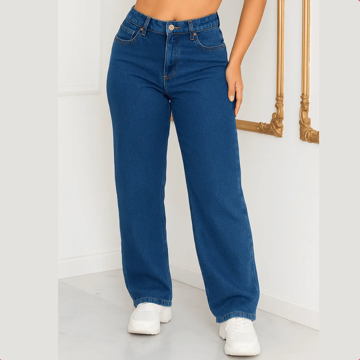 Calça Jeans Wide Leg Feminina Cintura Alta