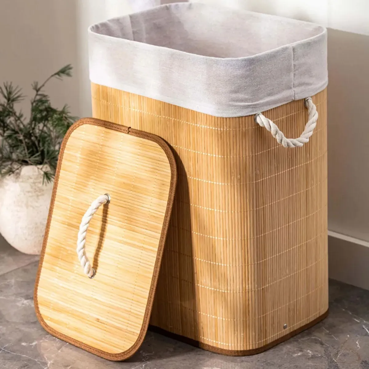 Cesto De Roupa Suja De Bambu Com Tampa E Alças 50 Litros