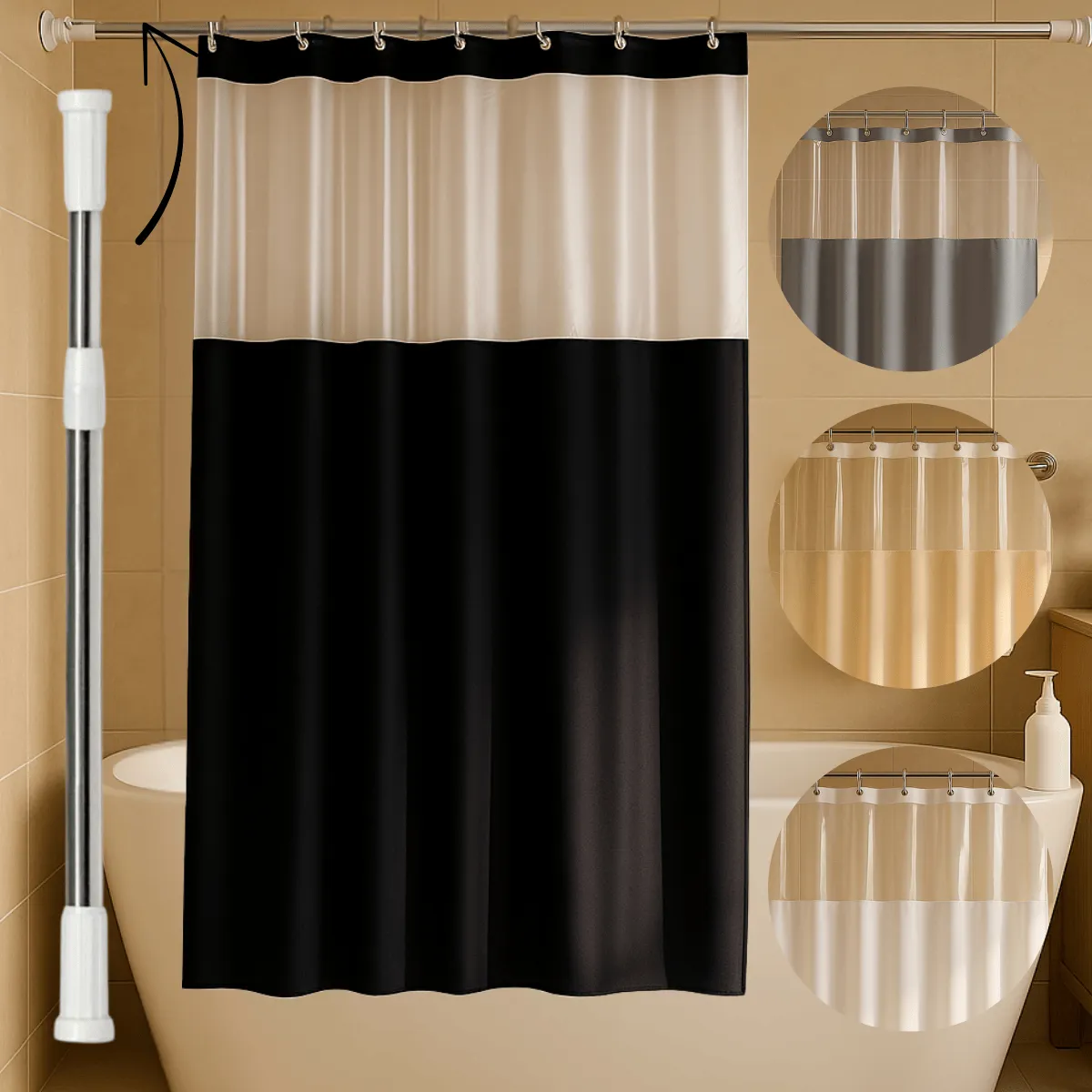 Cortina Box Banheiro Antimofo + Varão Extensível