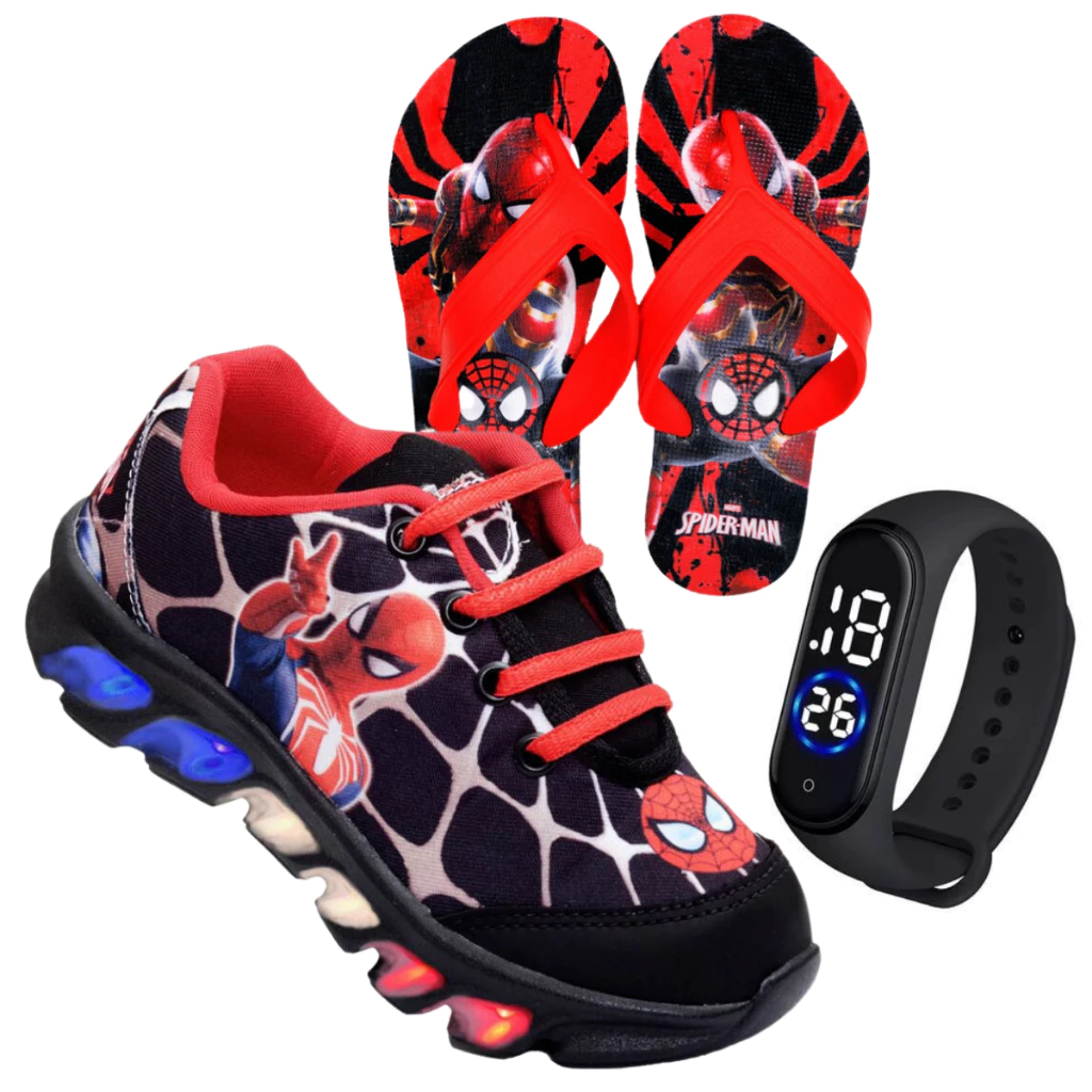 Kit tenis de LED + chinelo e relógio