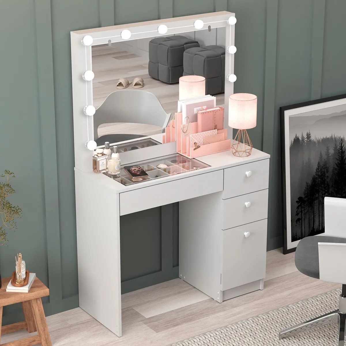 Penteadeira Ditália C/ Tampo De Vidro + Kit Luz