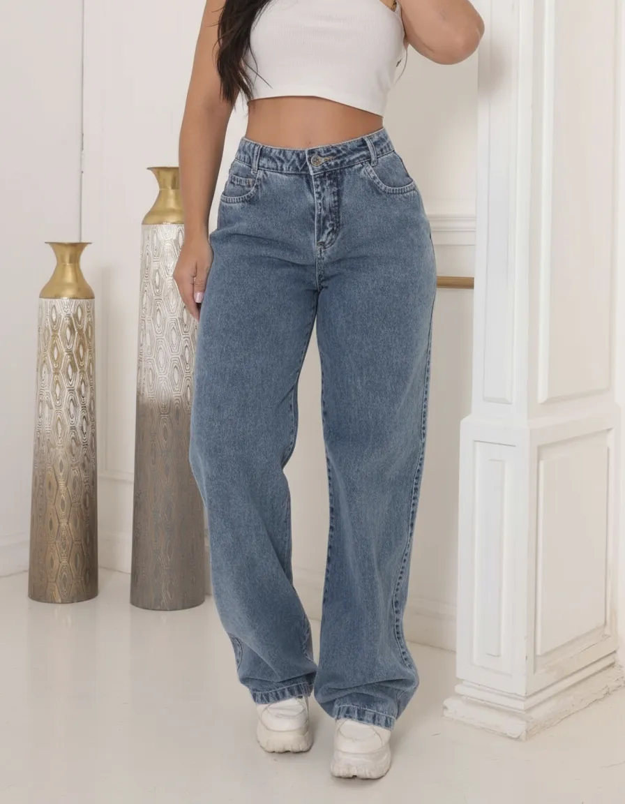 Calça Jeans Wide Leg Feminina Cintura Alta