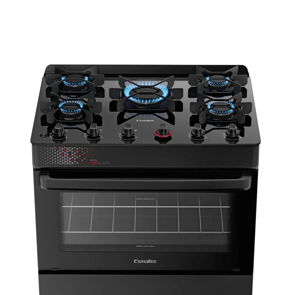 Fogão 5 Bocas Esmaltec Preto Mesa de Vidro Esmaltec