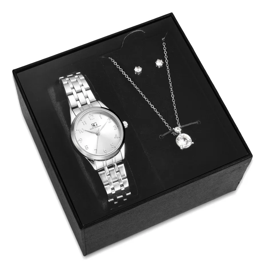 Kit Relógio Colar Brincos Prata Feminino Saint Germain