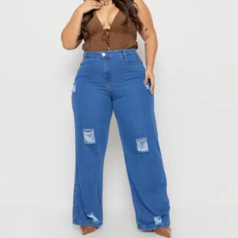 Calça Plus Size Jeans Feminina Wide Leg Levanta Bumbum