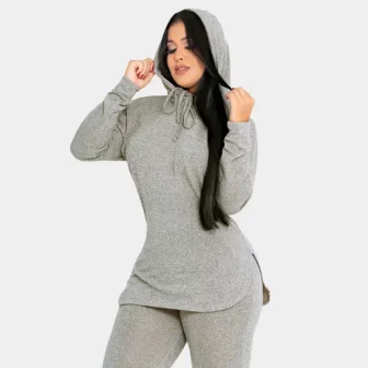 Conjunto Feminino Blusa Com Capuz Manga Longa Calça C/ Bolso