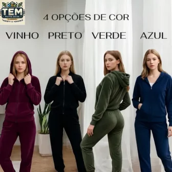 Conjunto Plush Veludo Agasalho Feminino C/ Capuz Zíper Bolso