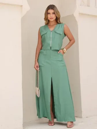 Conjunto Saia Longa Blusa Elegante Social Festa Chique Fenda