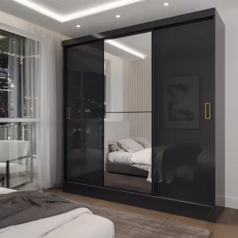 Guarda-roupa Solteiro Triunfo 3 Portas 2 Gavetas Com Espelho Cor Preto