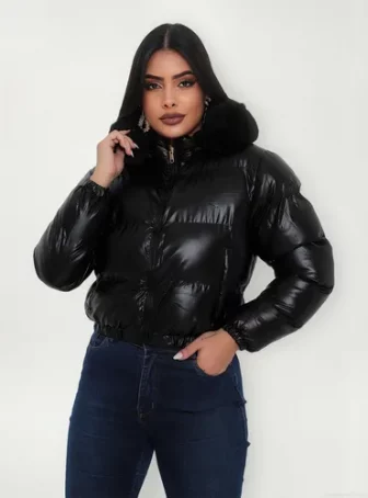 Jaqueta Feminina De Inverno Cropped Dupla Face Com Capuz