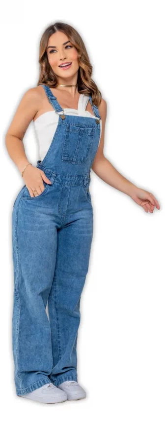 Jardineira Jeans Slim Com Elastano Cintura Alta Na Promoção