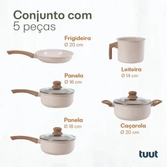 Jogo De Panelas Ceramico Triplo Indução Tuut Ecoglid 5 Peças Cor Baunilha