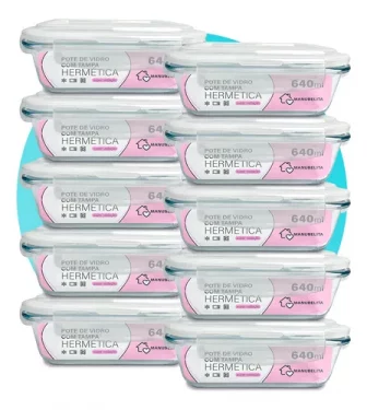 Kit 10 Potes Vidro 640ml Hermético Marmita Forno Refratário
