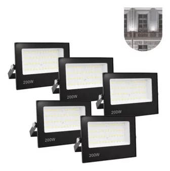 Kit 5 Refletor Led Ry 200w Holofot Prova Dágua Carcaça Preto Luz...