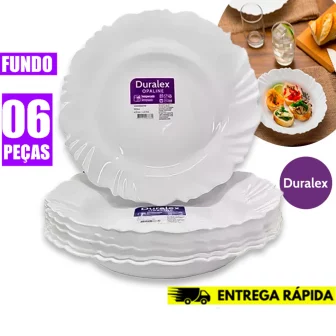 Kit 6 Pratos Fundo Duralex Vidro Opaline Pétala Branco Circular 23.5CM Temperado-...