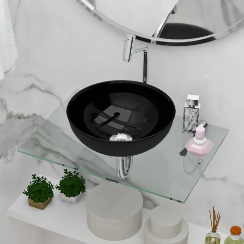Lavatório Vidro Suspenso 50x35 Com Cuba De Apoio Preta 29cm - Beltempo