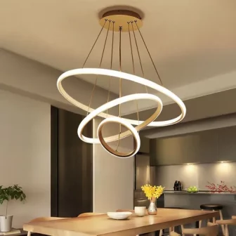 Lustre Pendente Moderno Anéis 3 Arcos 60cm Led 64w Dourado