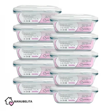 Manubelita Kit 10 Marmitas Vidro Hermético Vidro Tampa Trava 370ml