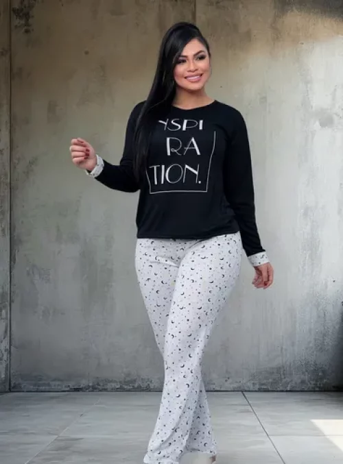 Pijama Longo Feminino Malha Adulto Manga Comprida