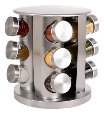 Porta Tempero Giratório 360 com 12 potes vidro suporte inox